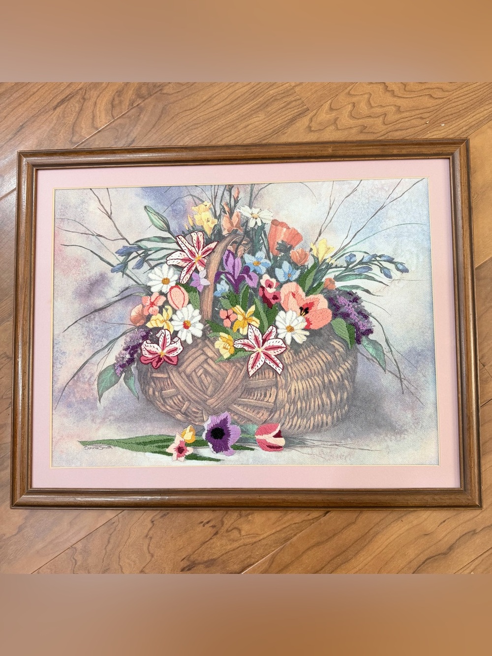Vintage Crewel 3D Embroidery Wicker Basket Garden Floral Flowers MCM Framed